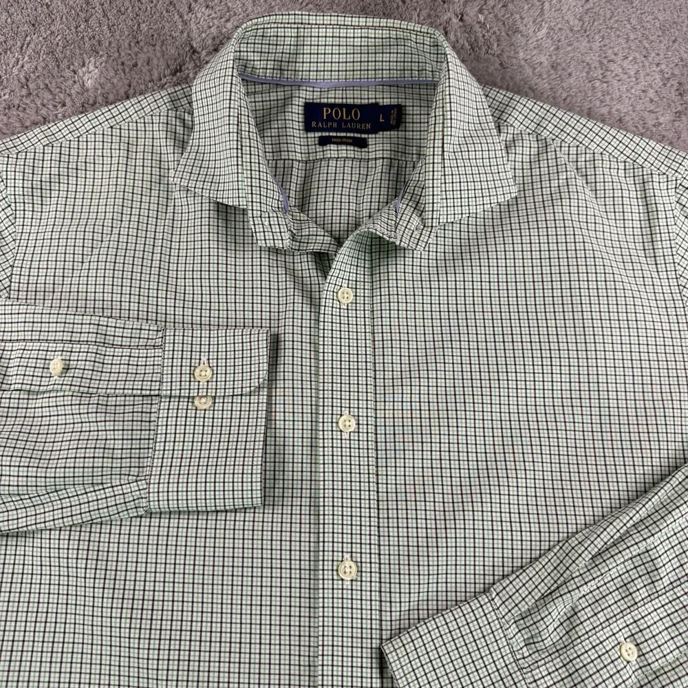 Polo Ralph Lauren Non Iron Shirt Mens Large Green Check Button Up Cotton Preppy
